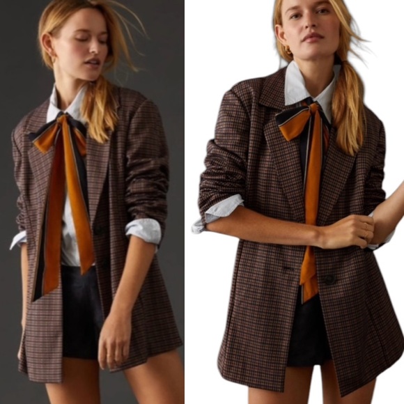 NEW Anthropologie Avec Les Filles Oversized Longline Houndstooth Plaid Blazer  L - Picture 1 of 15